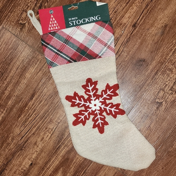 Holiday Time Other - New Holiday Woodlands Red & Cream Plaid Snowflake Burlap 20" Christmas Stocking